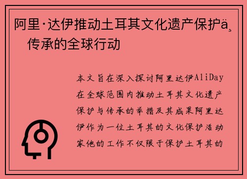 阿里·达伊推动土耳其文化遗产保护与传承的全球行动