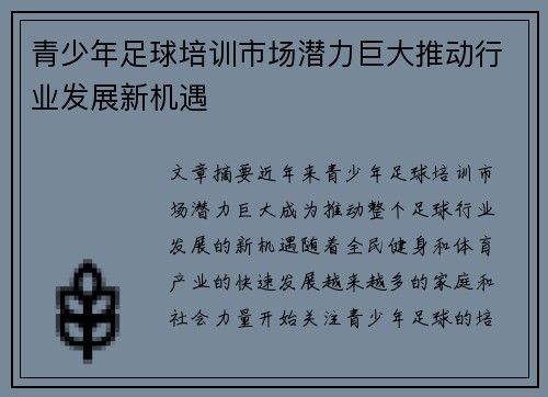 青少年足球培训市场潜力巨大推动行业发展新机遇 青少年足球培训市场潜力巨大推动行业发展新机遇